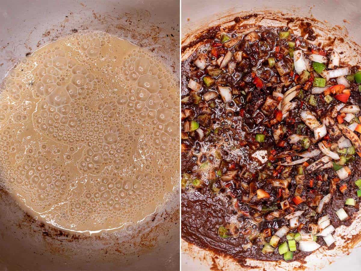 Cooking the roux and then adding the vegetables for Cajun gumbo.