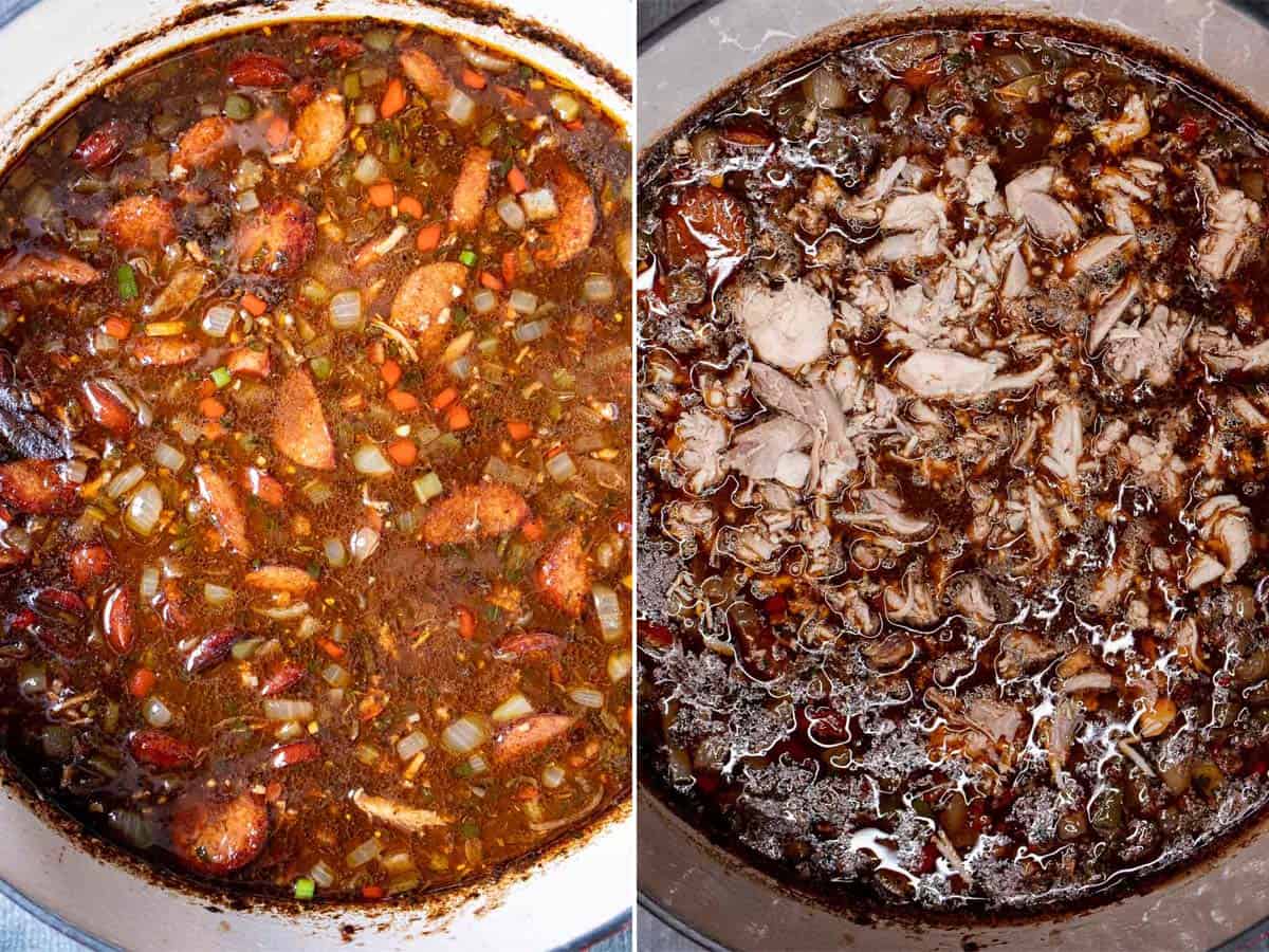 Adding sausage and then leftover turkey to the gumbo.
