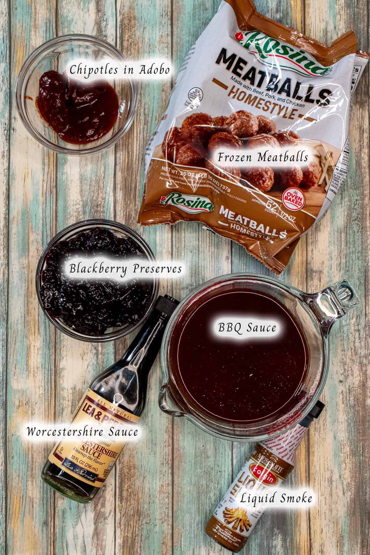 Ingredients to make blackberry chipotle BBQ meatballs.