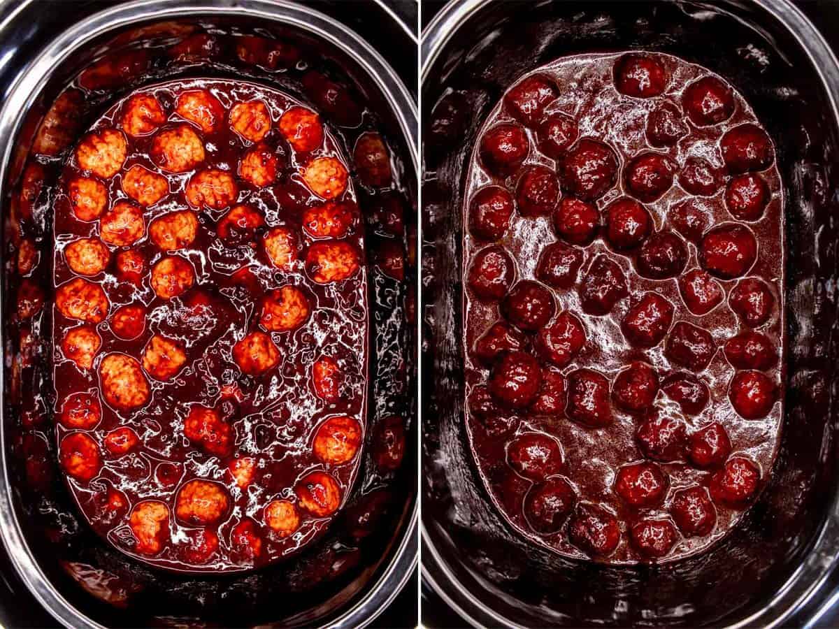 Before and after cooking BBQ cocktail meatballs in a slow cooker.
