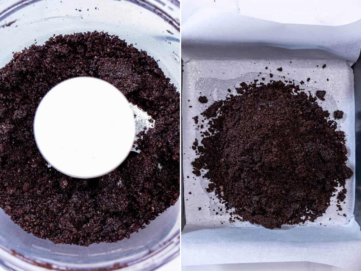 Crushing Oreos with butter and dumping into a 9x9 baking pan.