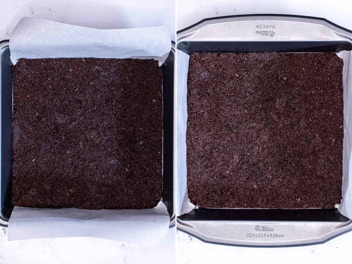 Pressing Oreo crumbs into a crust and par baking it.