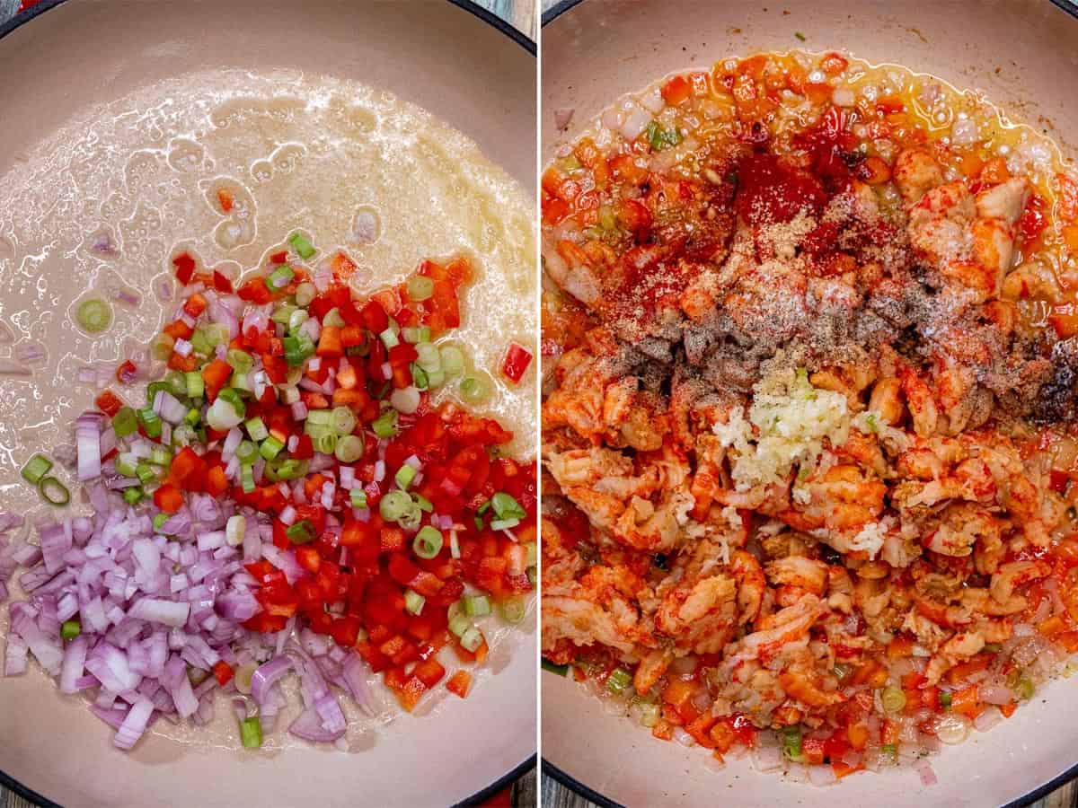 Sautéing veggies in butter, then adding crawfish tail meat and seasoning.