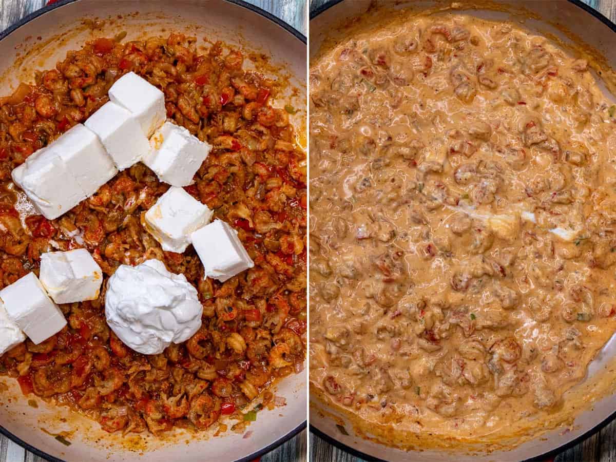 Adding cream cheese and sour cream to crawfish dip.