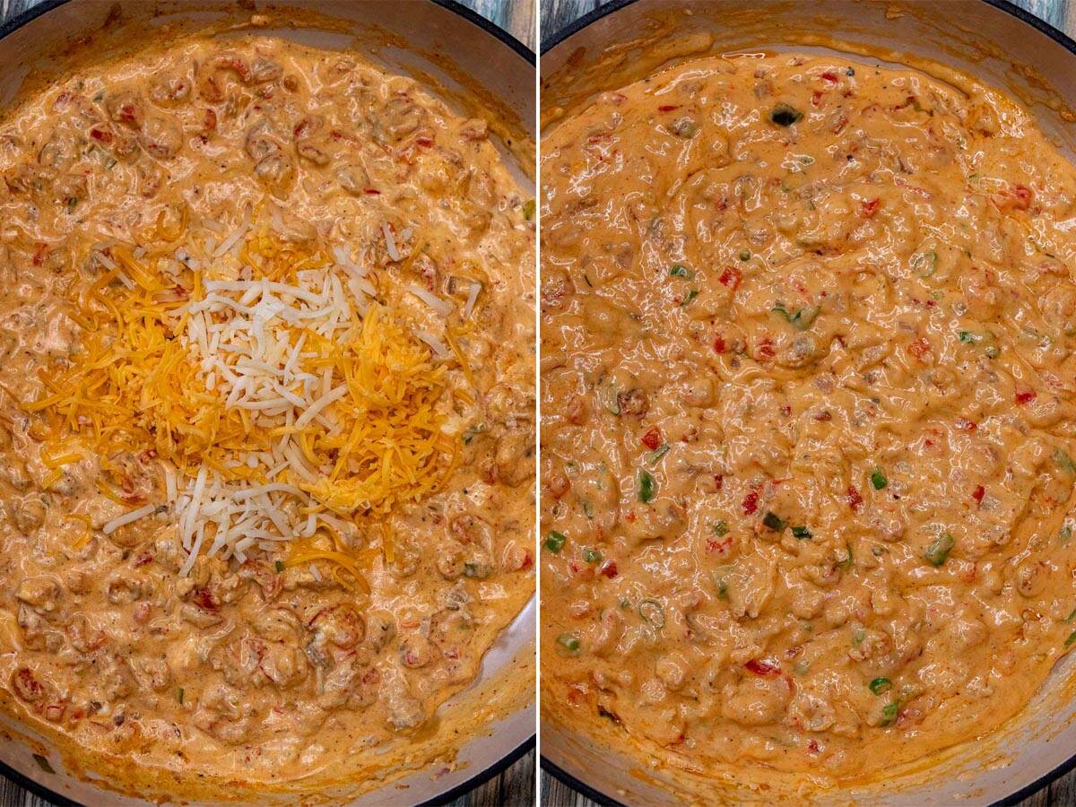Adding mixed cheese and green onion to crawfish dip.
