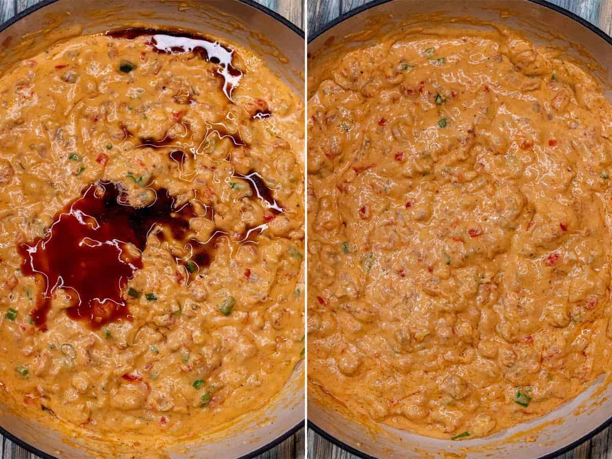 Finishing crawfish dip with Worcestershire sauce and hot sauce.
