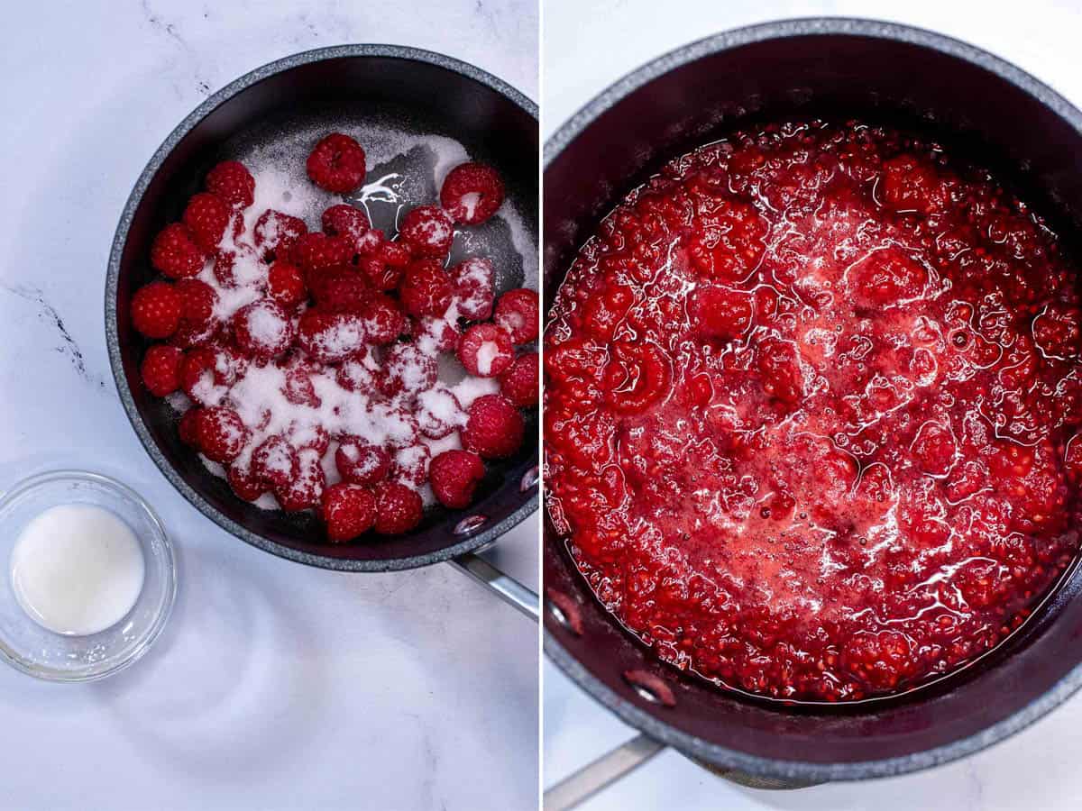 Making fresh raspberry sauce in a saucepan.