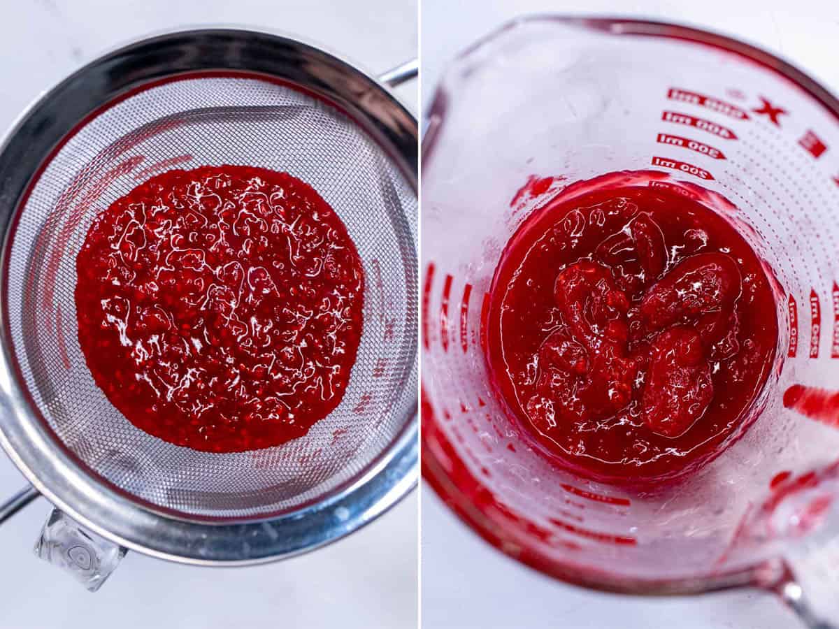 Straining the seeds from homemade fresh raspberry sauce.