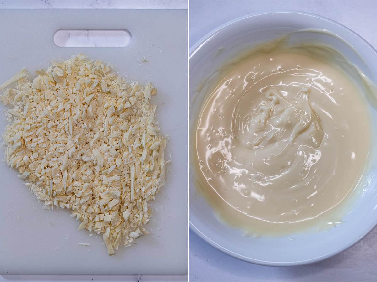 Finely chopping white chocolate and melting it in a bowl.