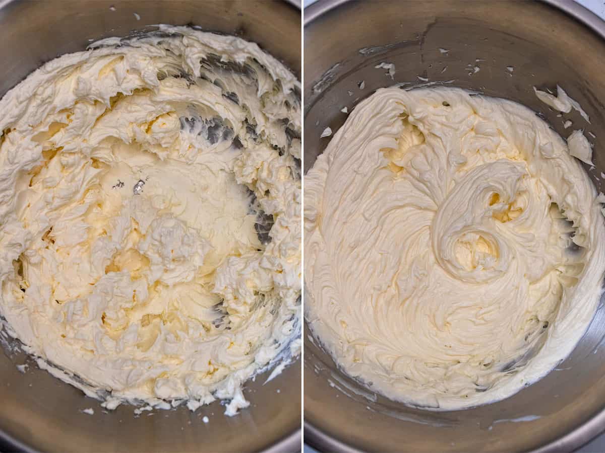 Cream cheese and sour cream combined, then creamed together with sugar.