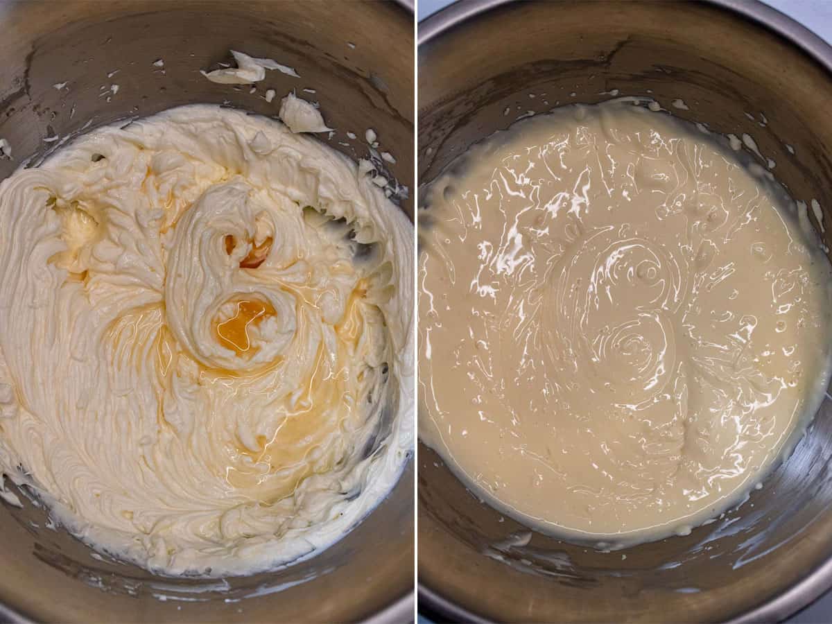 Mixing in vanilla and lemon juice and then eggs to cheesecake batter.