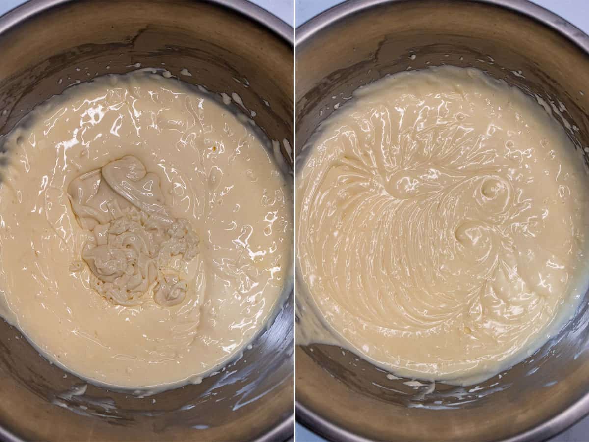 Adding and mixing in melted white chocolate to cheesecake batter.