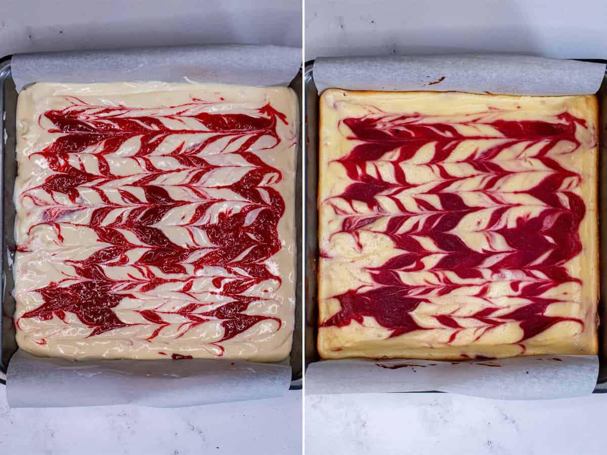 Raspberry cheesecake bars swirled and then baked.
