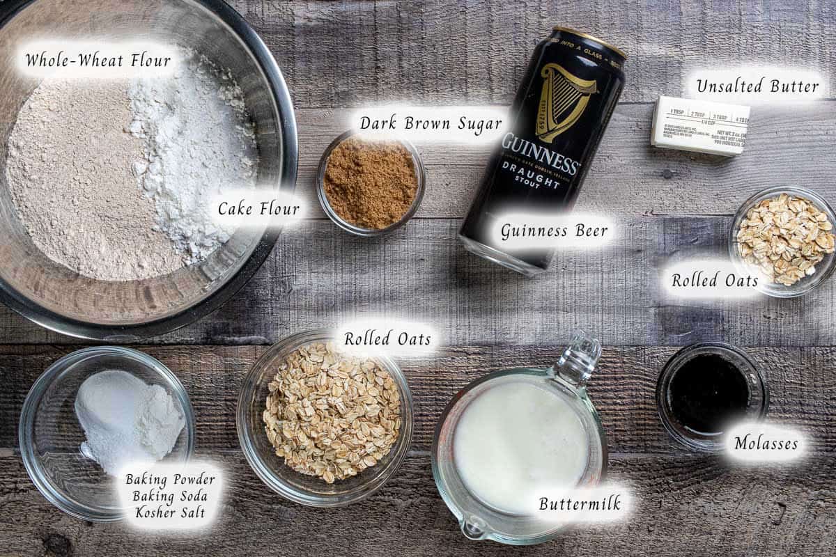Ingredients for making Irish Guinness brown bread.