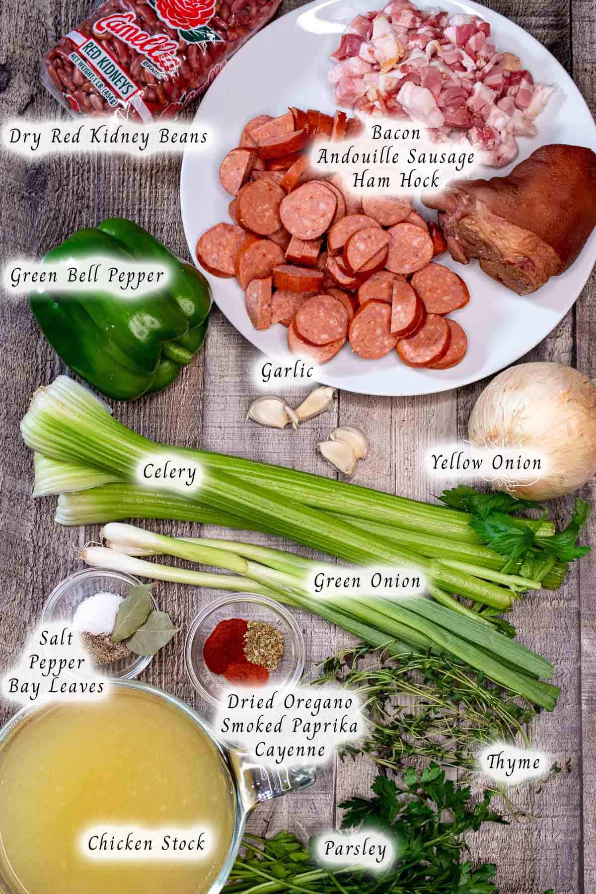 Ingredients for making Louisiana red beans and rice.