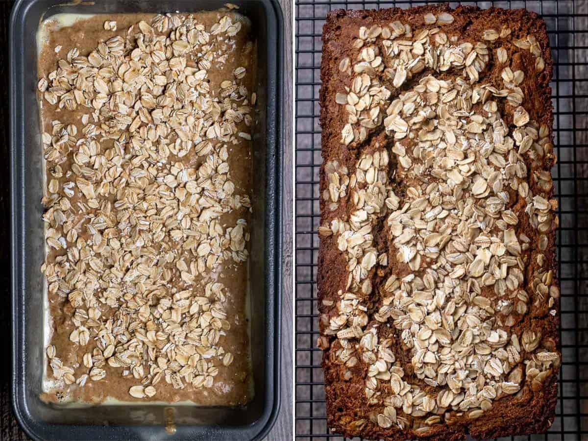 Before and after baking Guinness brown bread in loaf pan.