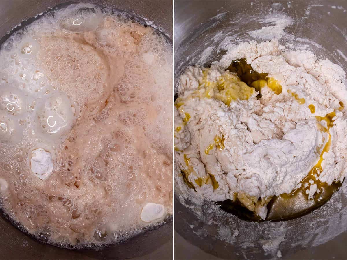 Adding flour to yeast mixture, then salt and olive oil.