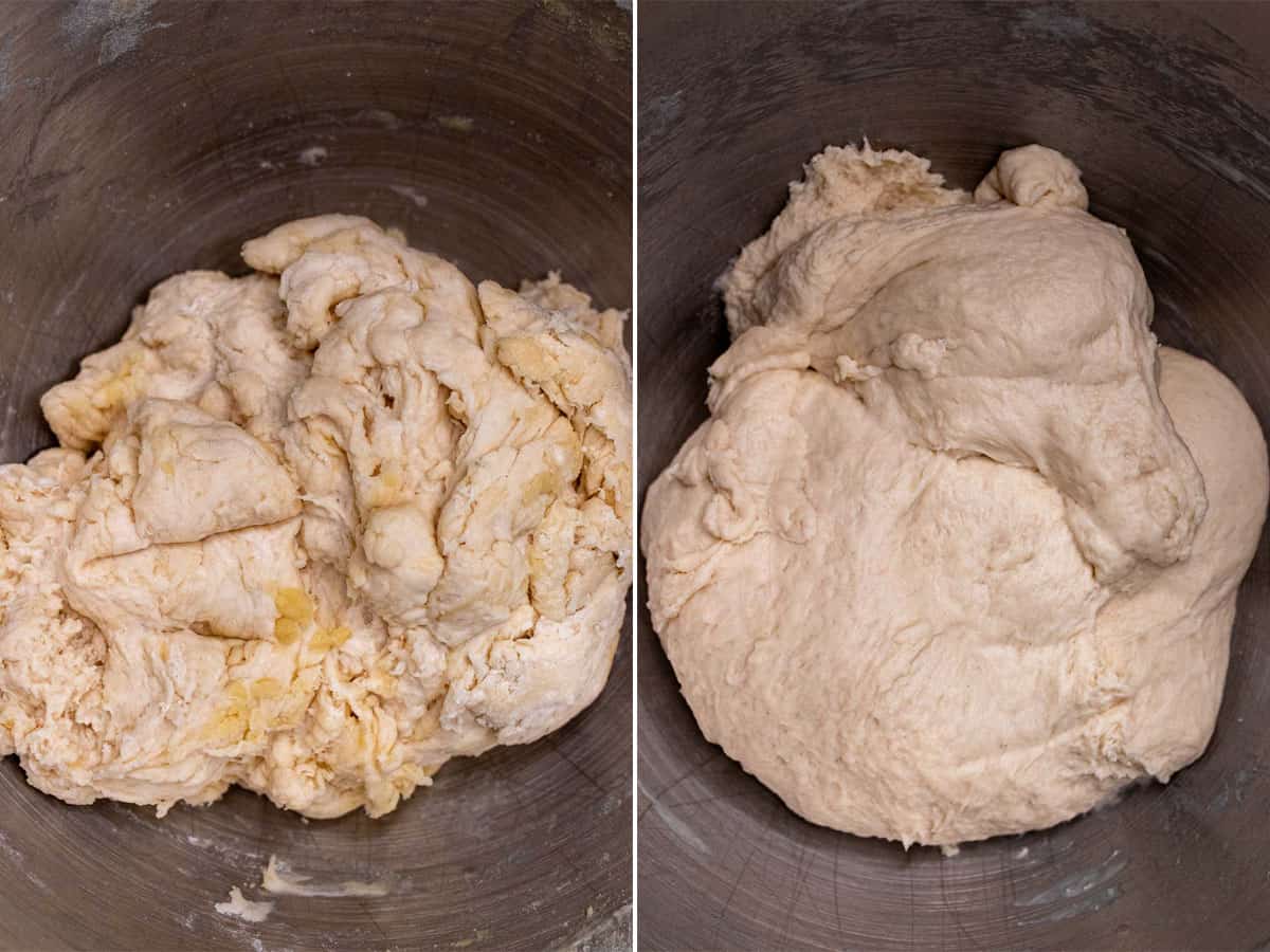 Before and after kneading muffaletta bread dough.