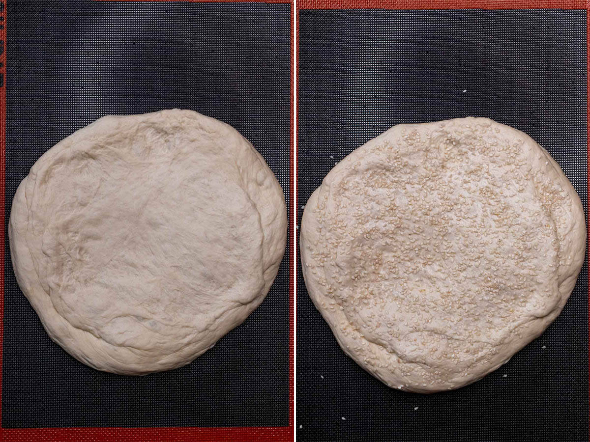 Shaping muffaletta bread dough and topping with sesame seeds.