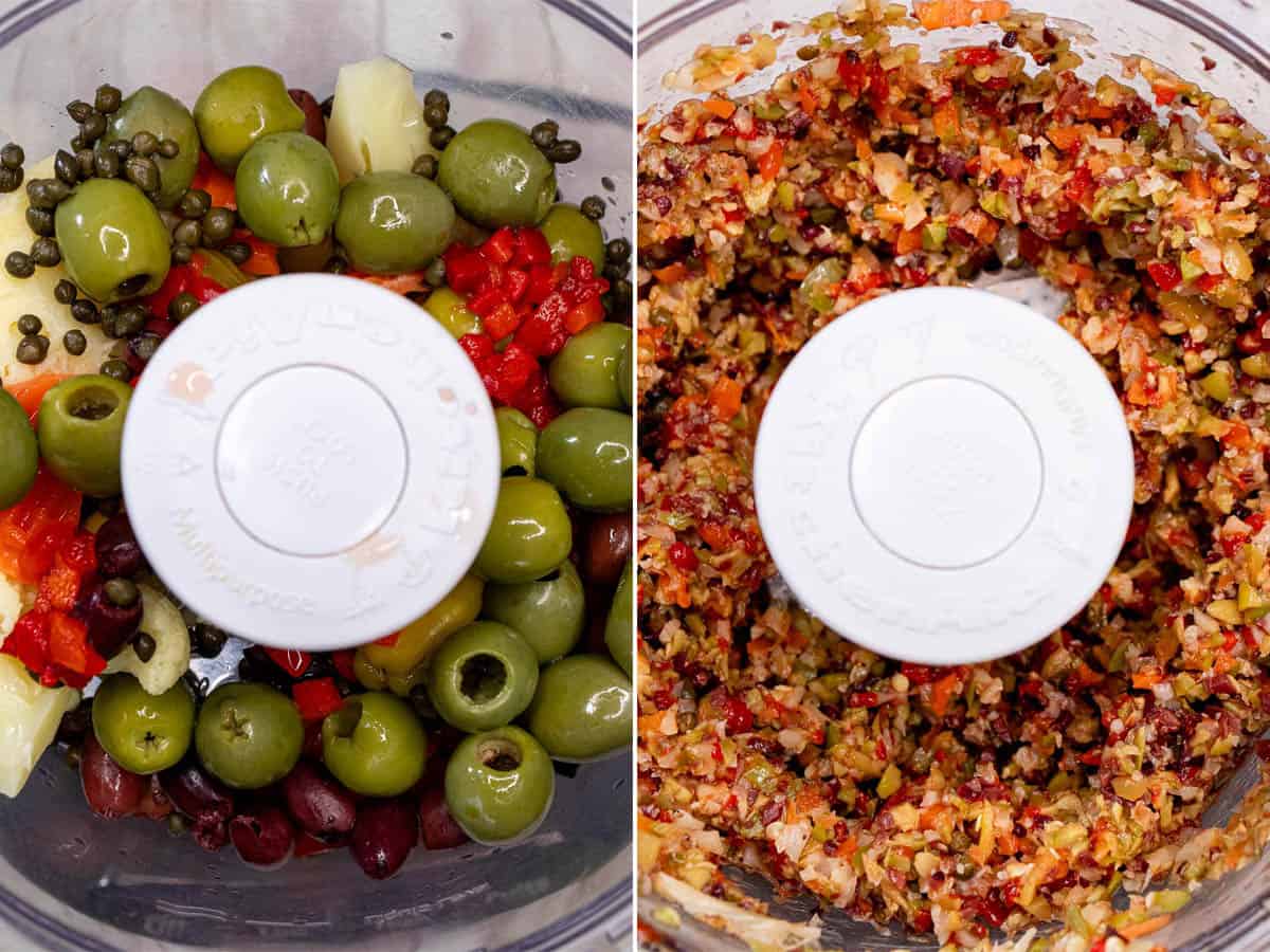 Before and after pulsing olive salad ingredients in a food processor.