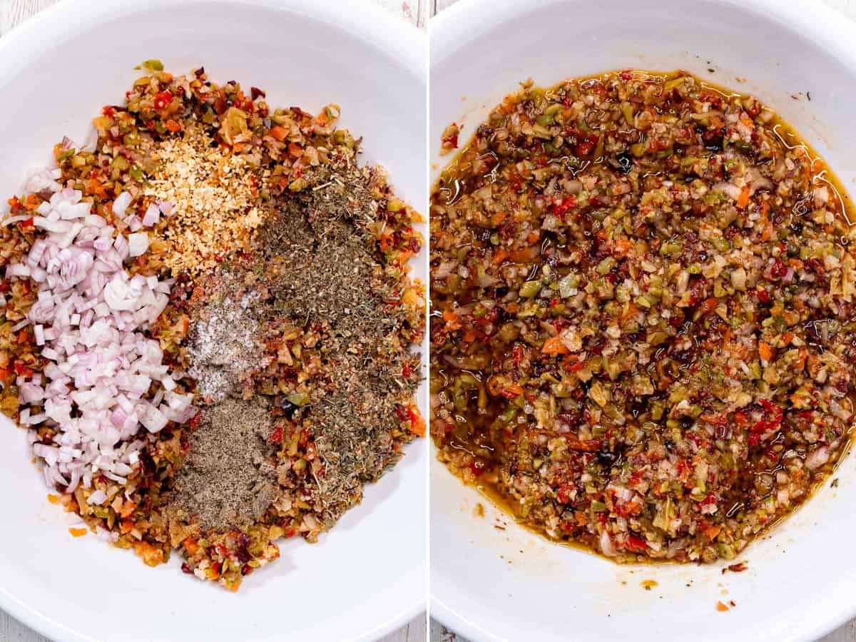 Before and after mixing vegetables, herbs, seasoning, and olive oil into olive salad.