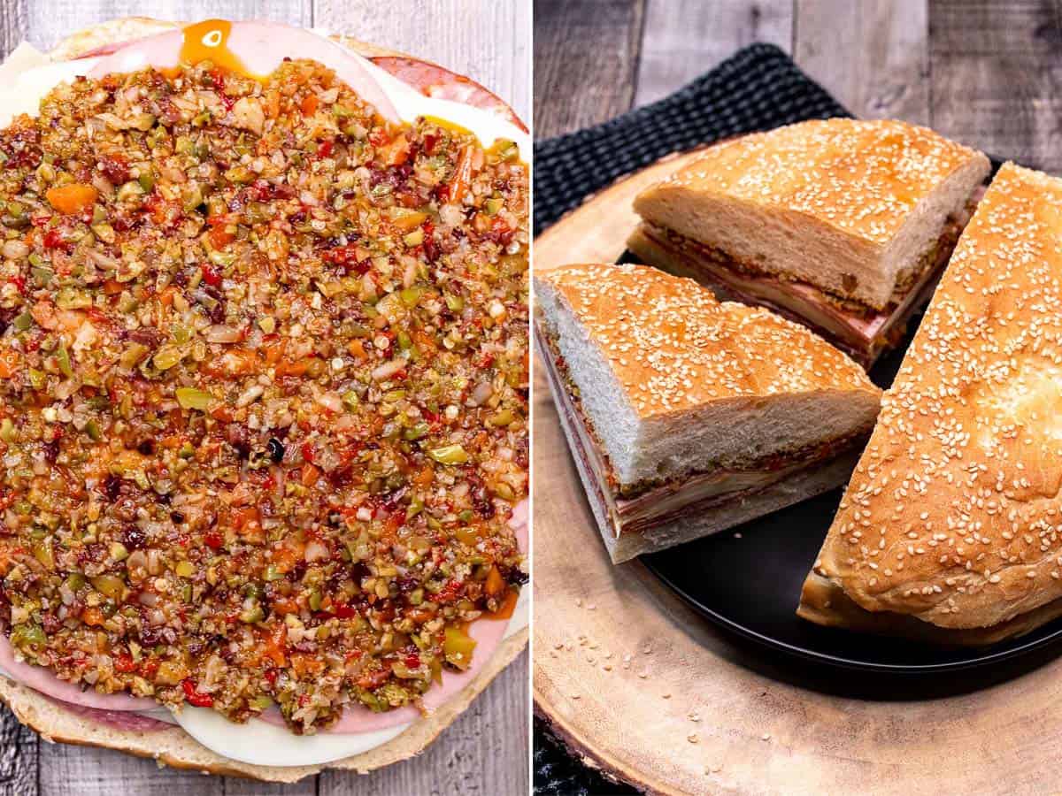 Adding olive salad to the bread on a muffaletta sandwich, then slicing and serving.