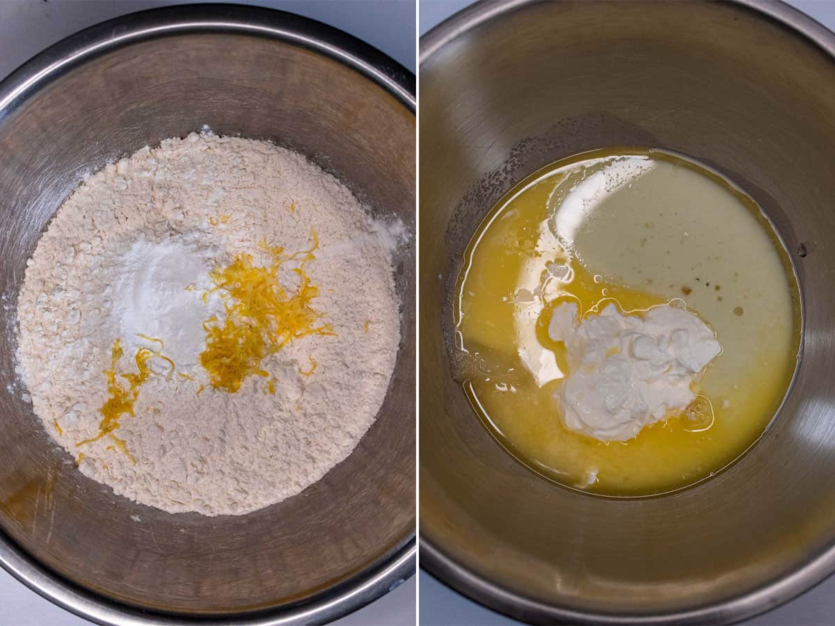 Combining dry ingredients for muffins in a mixing bowl and wet ingredients in a larger bowl with the sugar.