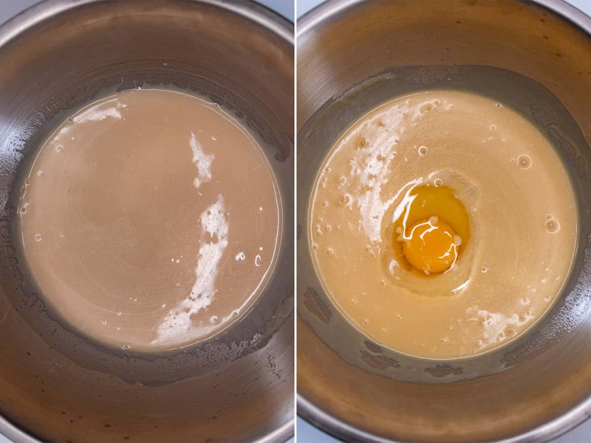 Adding the lemon juice and vanilla extract to the wet batter, then the eggs.