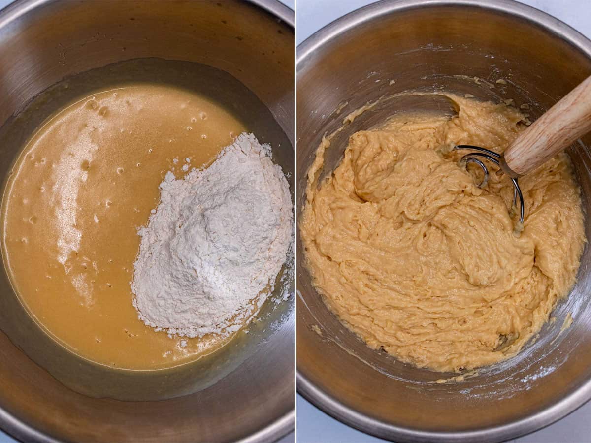 Adding the dry ingredients to the wet ingredients for making muffins.
