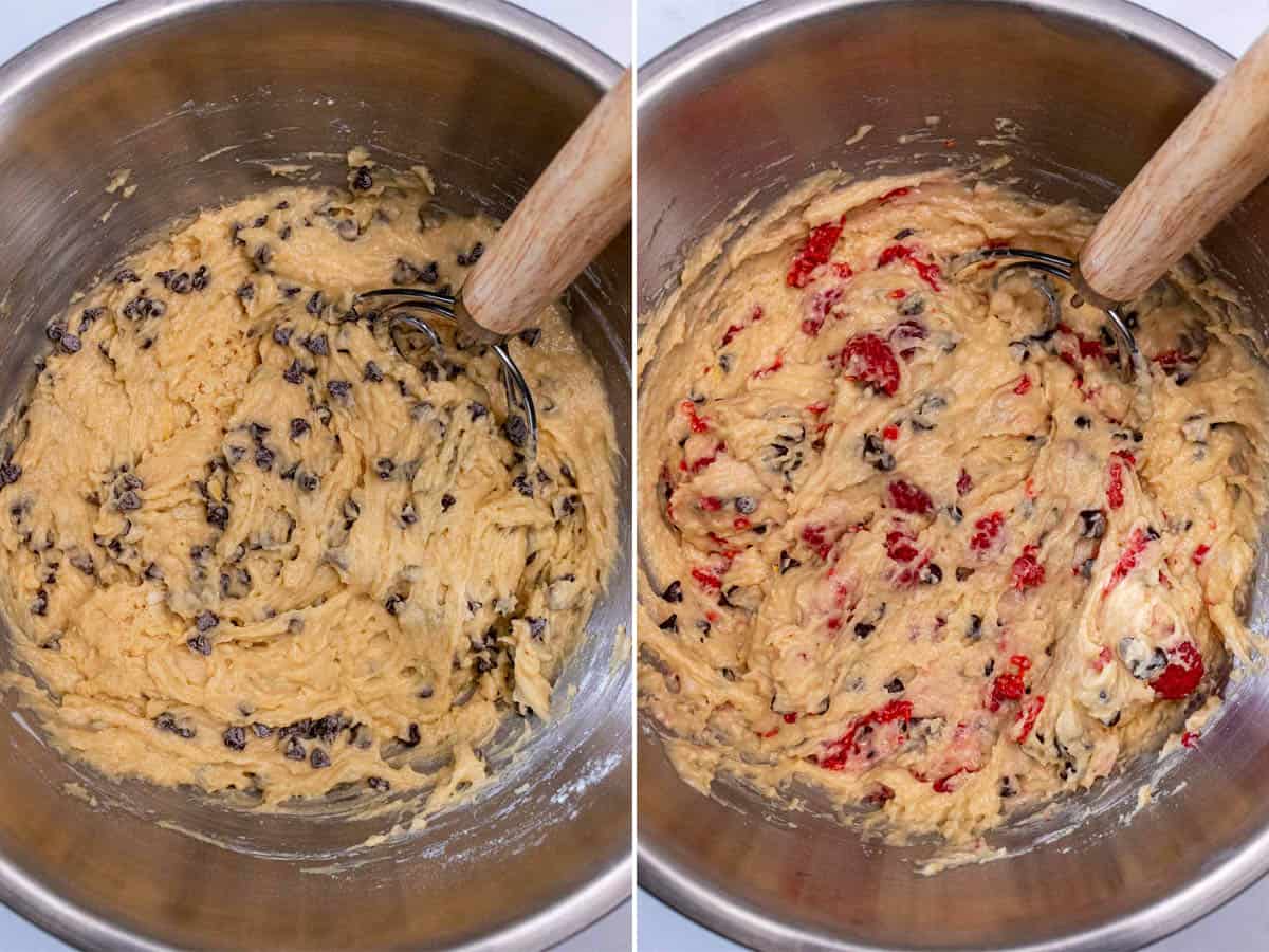 Folding in chocolate chips and then raspberries into the muffin batter.