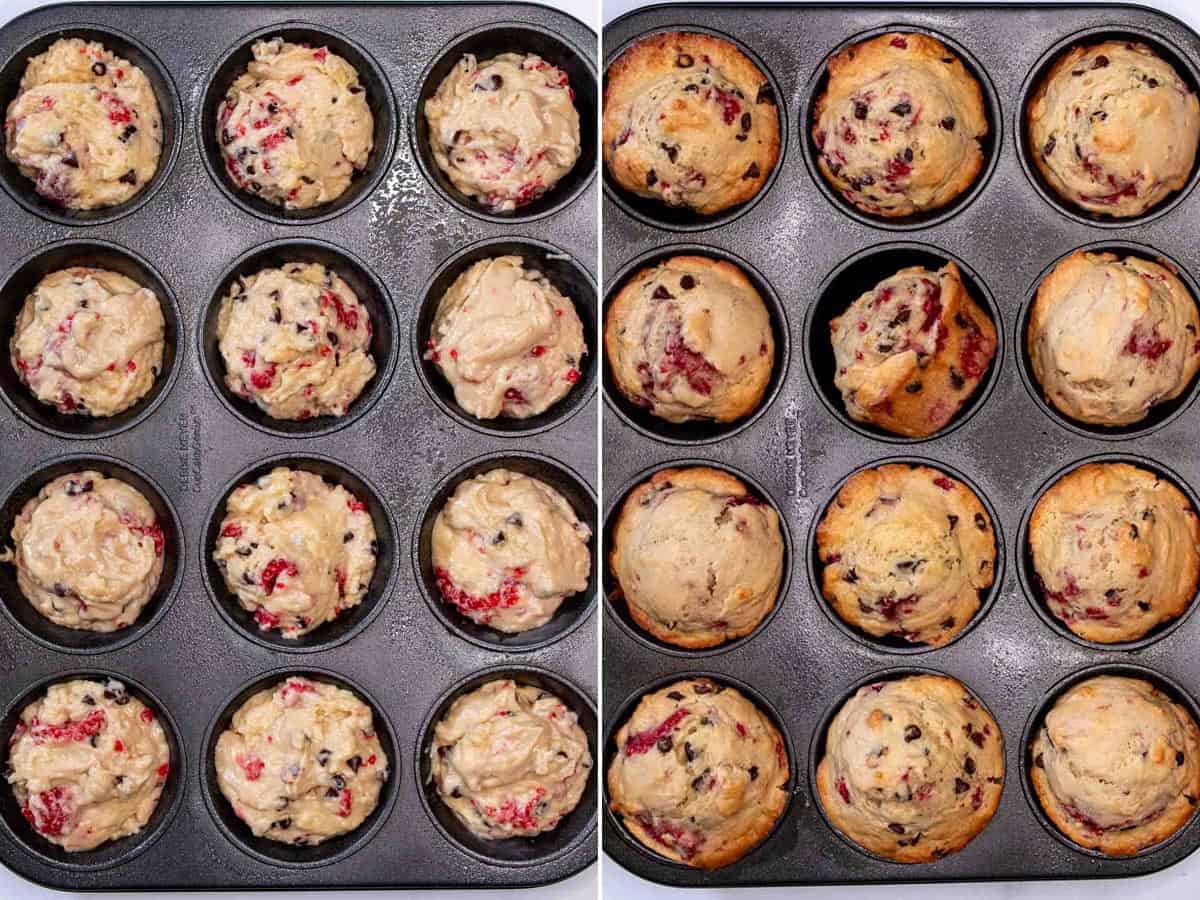 Before and after baking raspberry chocolate chip muffins.