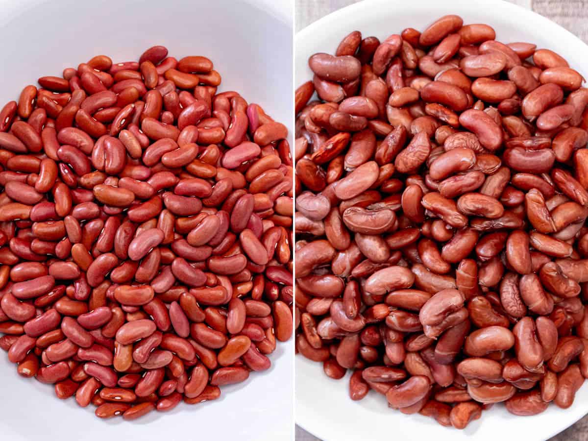 Before and after soaking dry red kidney beans overnight.