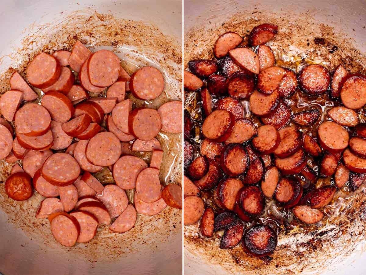 Before and after searing andouille sausage for red beans & rice.