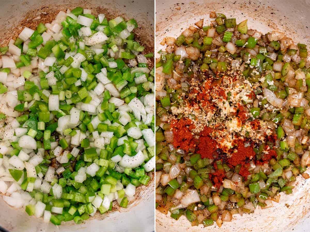 Sautéing Cajun holy trinity vegetables, then adding garlic and seasoning.
