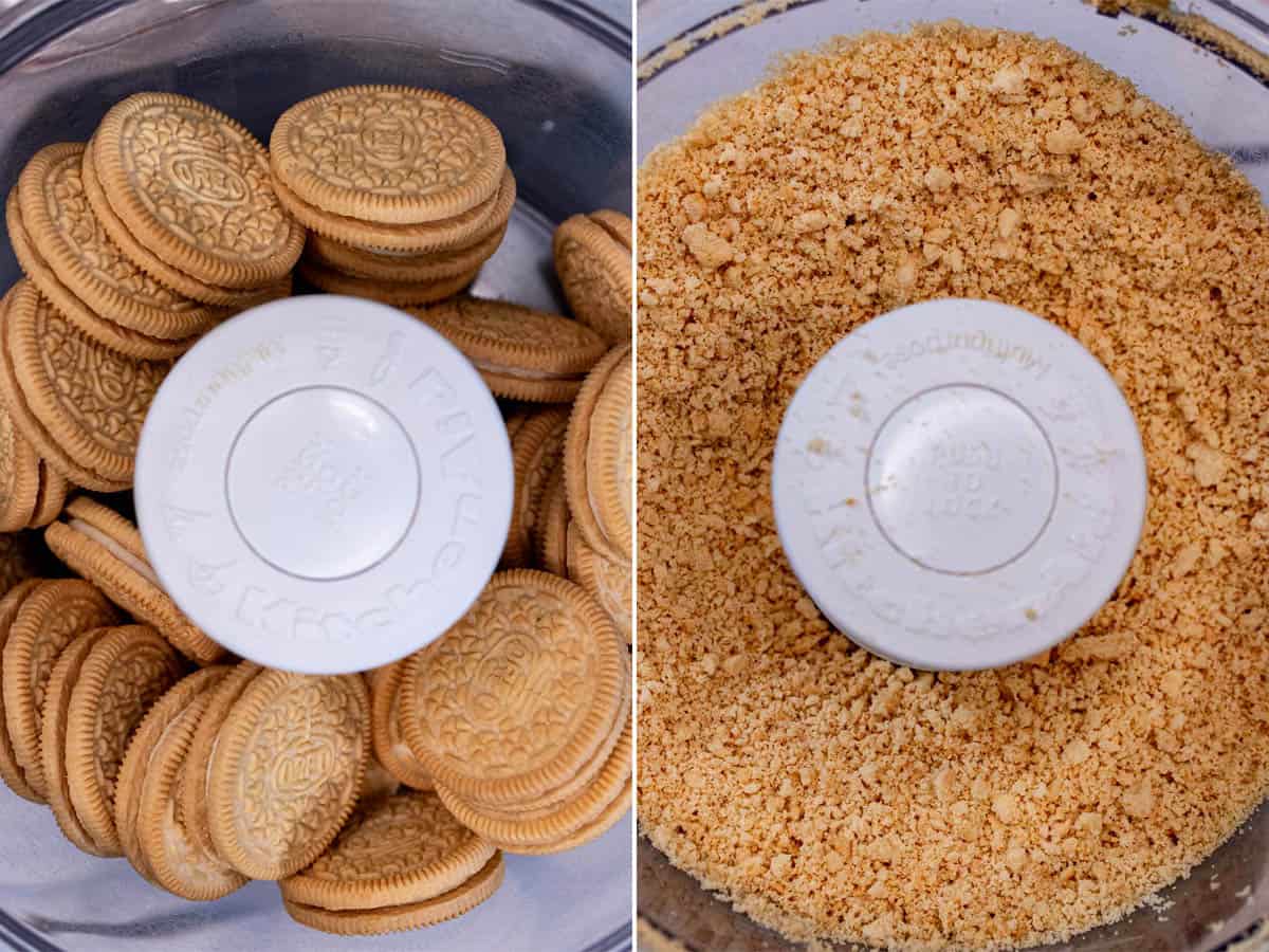 Crushing Golden Oreos in a food processor.