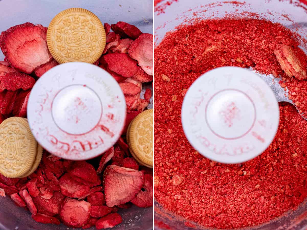 Adding freeze-dried strawberries to food processor and crushing into a powder.