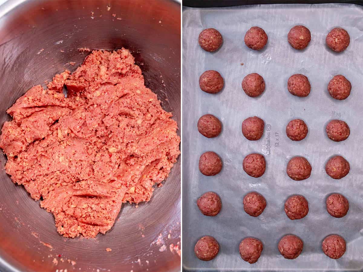 Strawberry truffles mix with cream cheese blended in, then rolled into balls on a baking sheet.