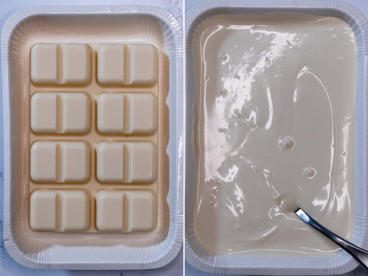 Before and after melting vanilla flavored almond bark.