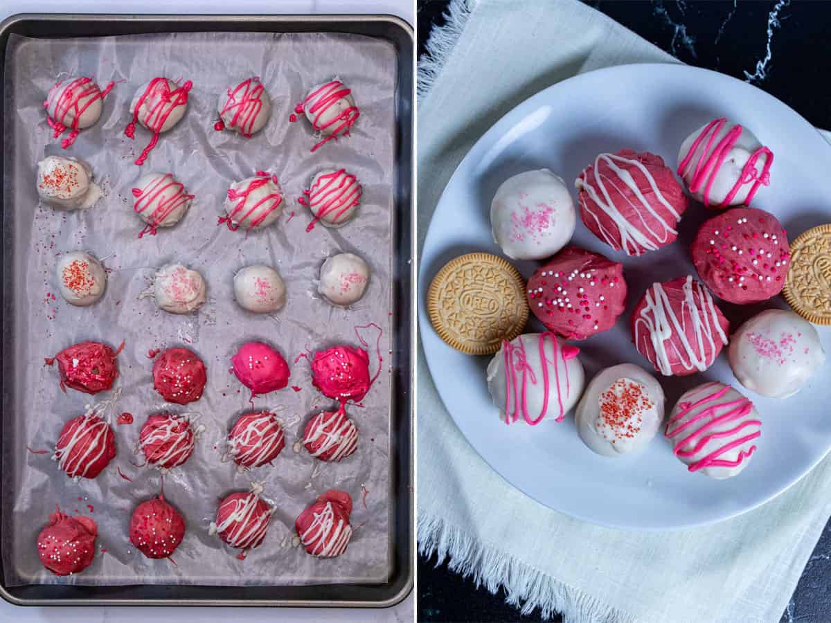 A sheet pan and plate of strawberry Oreo truffles after dipping in candy coating and decorating them.