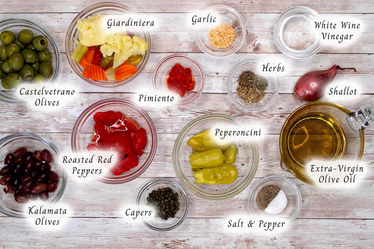 Ingredients to make Italian olive salad.