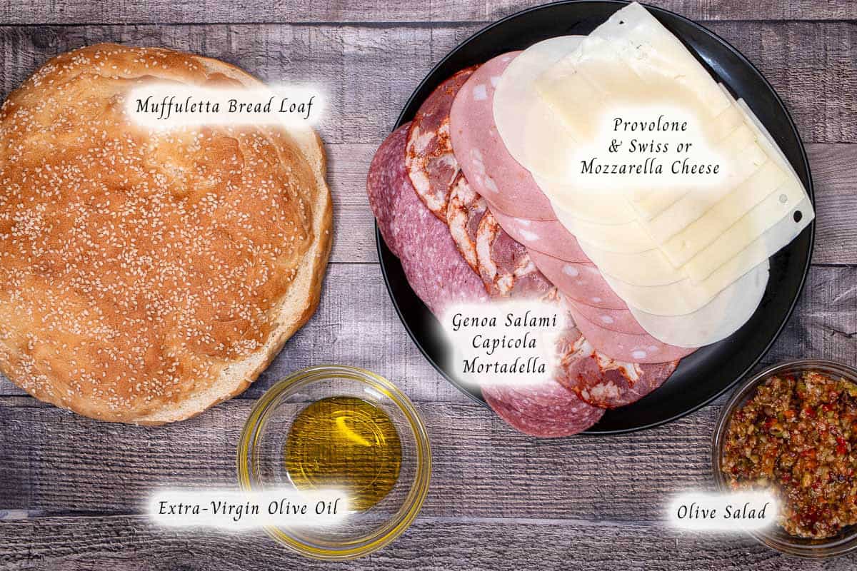 Ingredients for a New Orleans muffaletta sandwich.