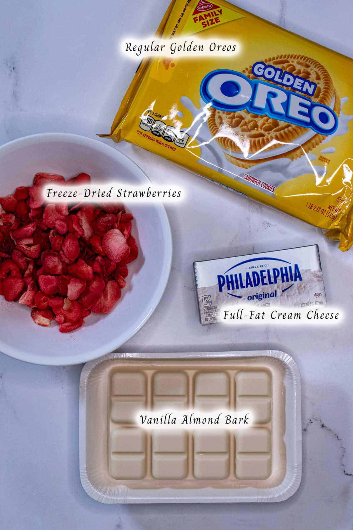 Ingredients for strawberry Oreo truffles.