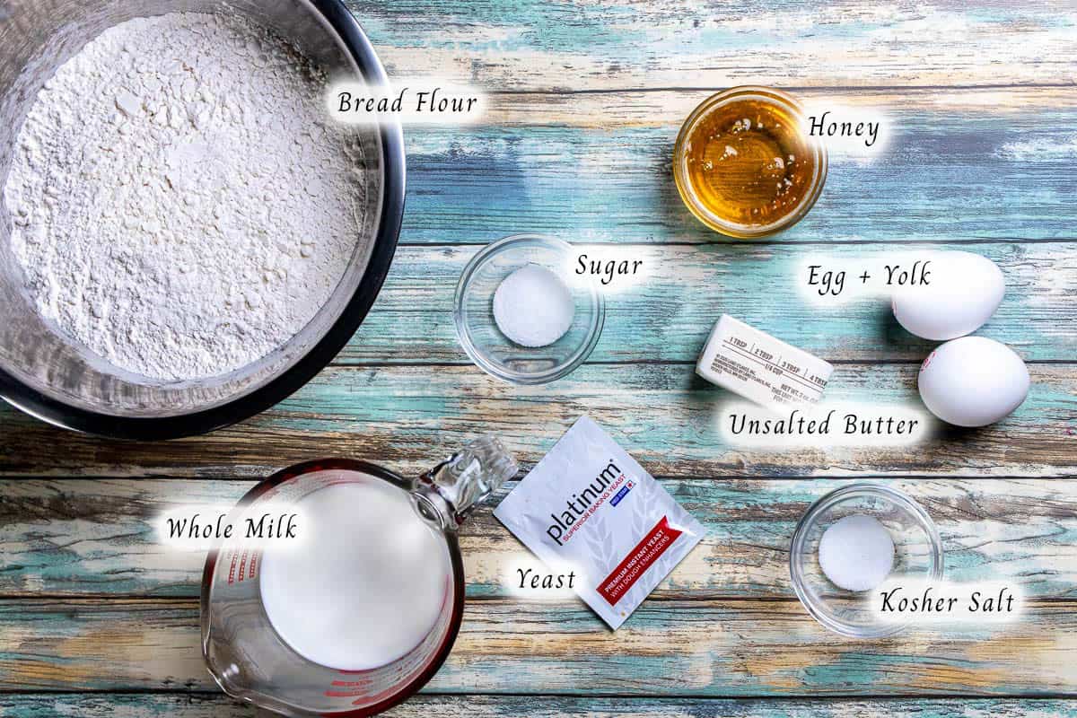 Ingredients for making honey butter dinner rolls.