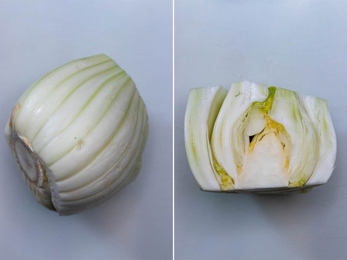 Cutting stalks from fennel bulb, then slicing in half.