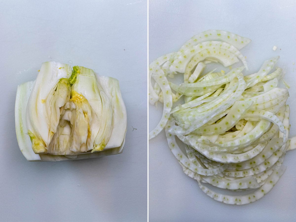 Removing fennel core, then slicing into thin strips.