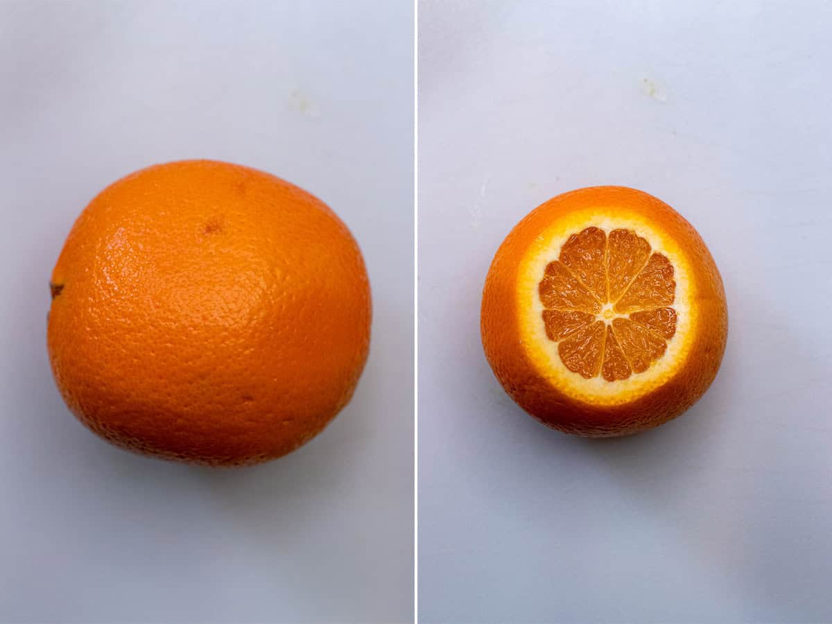 Cutting off top and bottom of an orange.