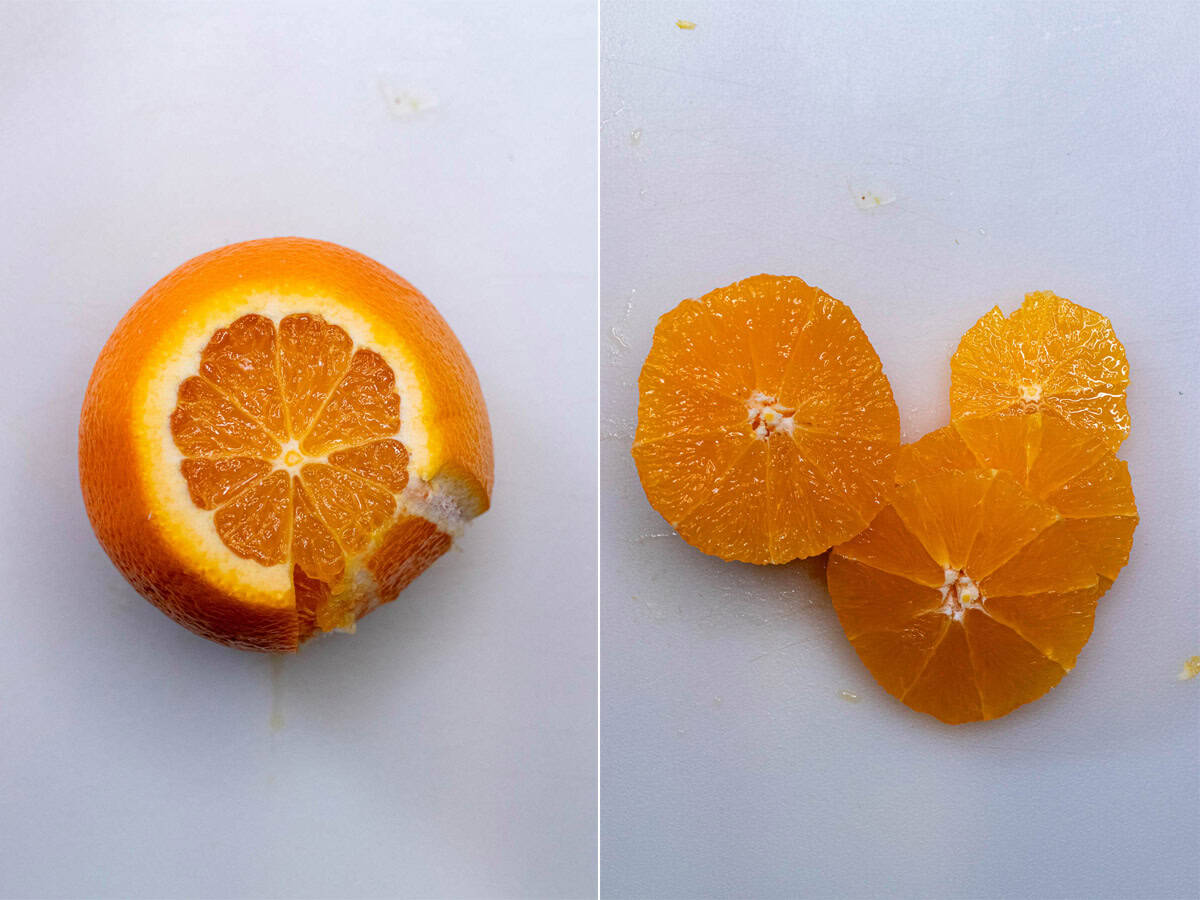 Cutting through curved sides of an orange, then cutting into slices without pith.