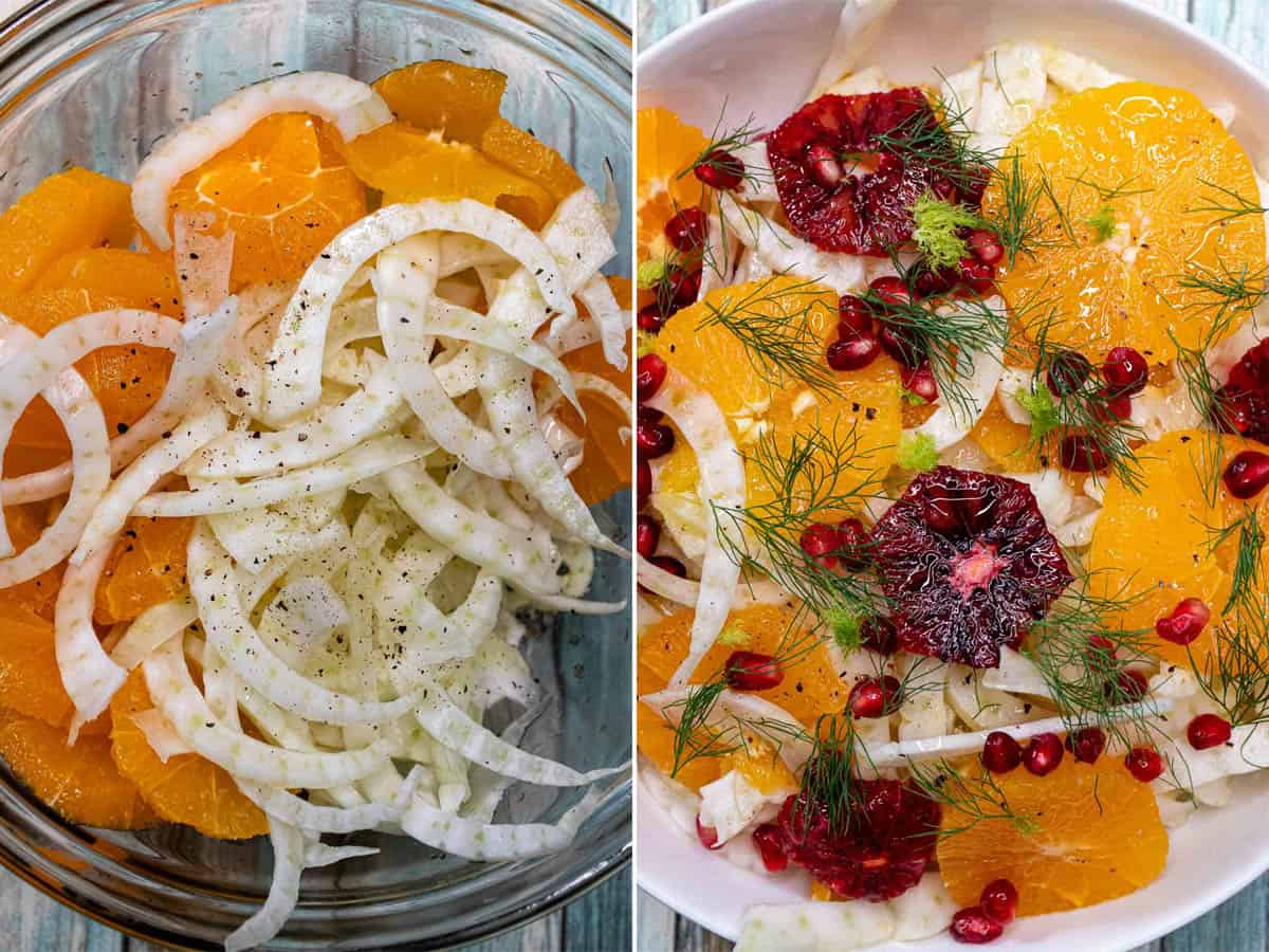 Adding fennel and orange salad ingredients to glass bowl and tossing with seasoned olive oil.