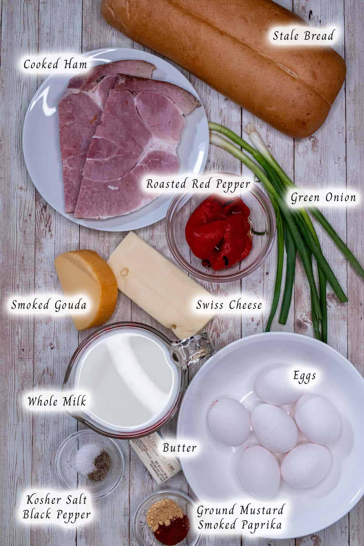 Ingredients for making a ham and cheese strata using leftovers.