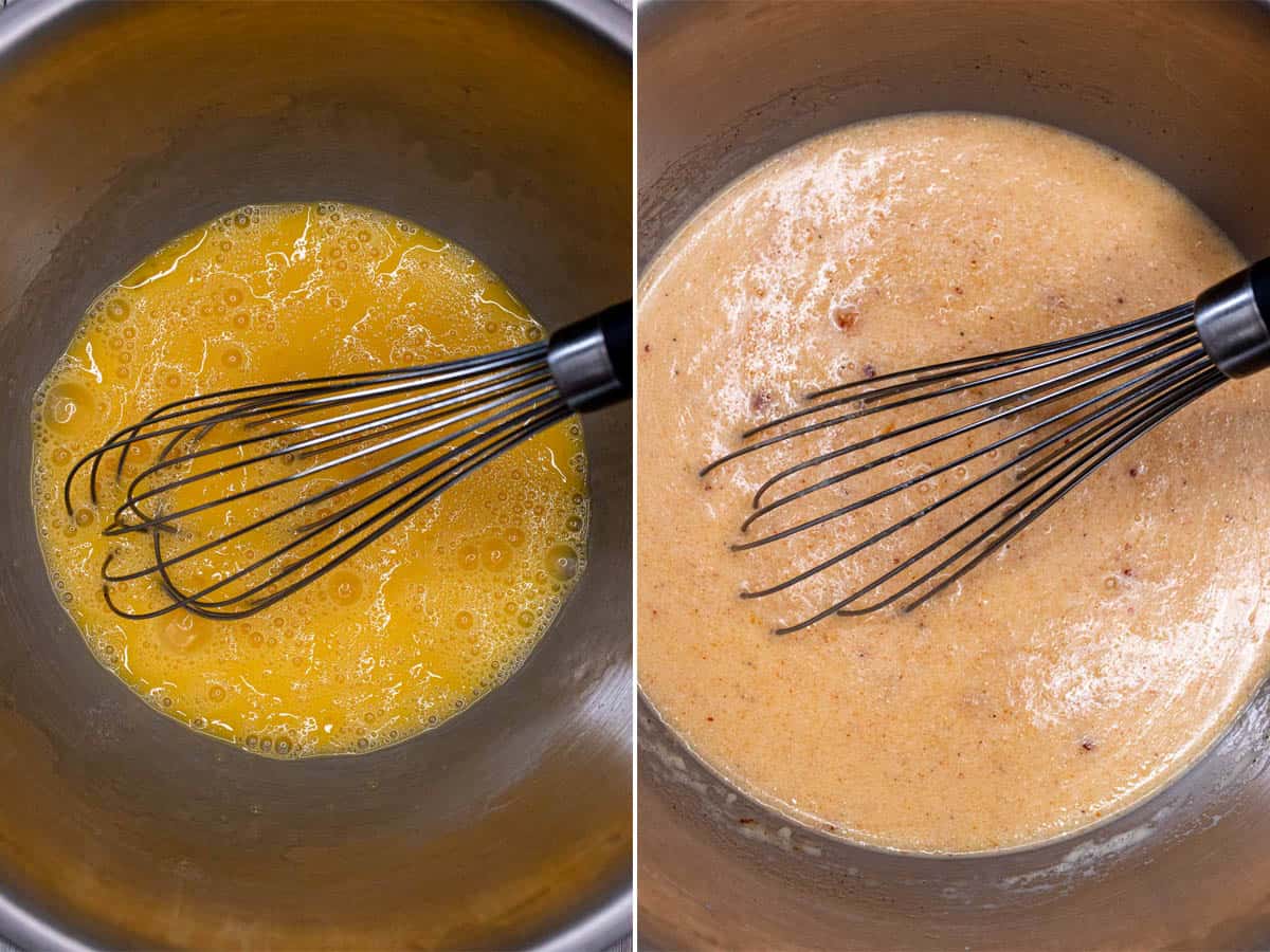 Eggs whisked together in a mixing bowl, then adding milk and seasonings.
